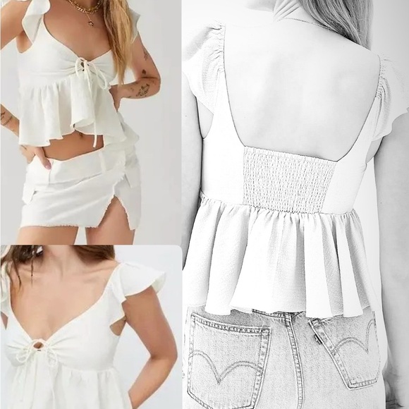 Urban Outfitters Cream Flutter Sleeve Blouse with Smocked Waist - Picture 1 of 12